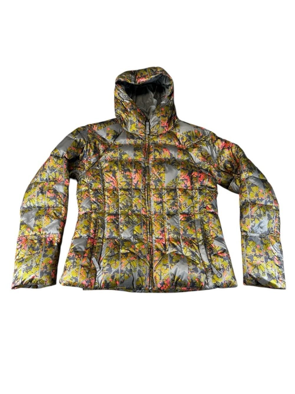 prAna Imogen Down Jacket W Medium Hooded Earth Gray Wildflower Floral Puffer